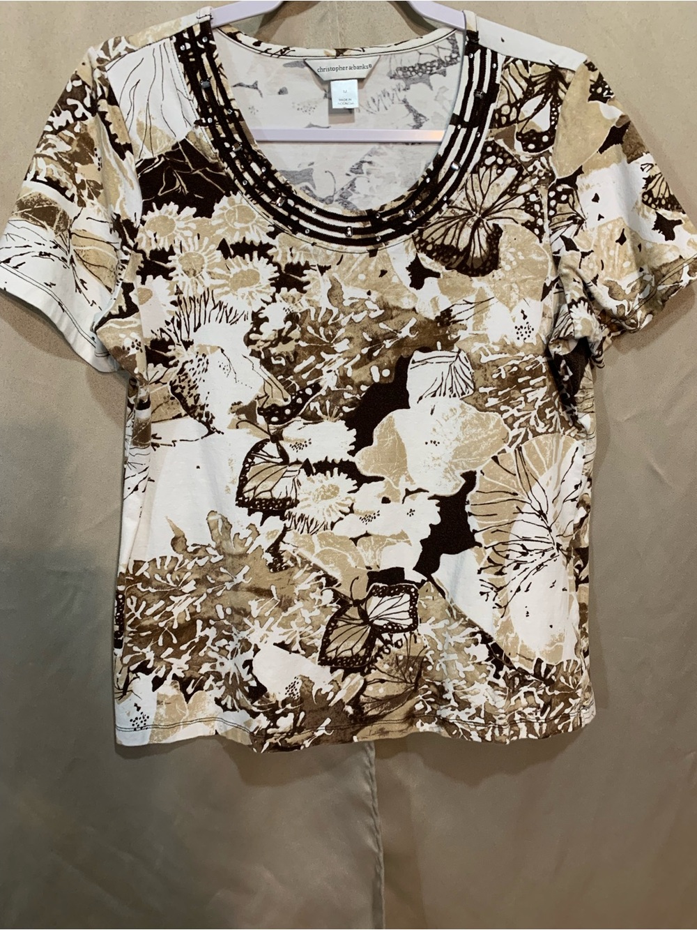 Christopher & Banks Short Sleeve Floral & Butterfly Tee - Brown & White 136/4
